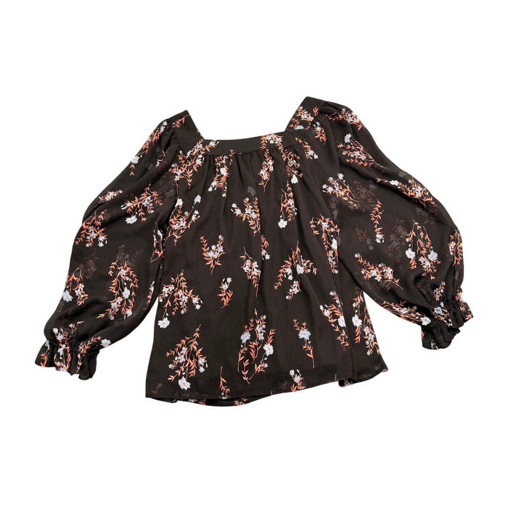 LC Lauren Conrad Floral Blouse Womens Large Black Square Neck Balloon Sleeve Top - Picture 5 of 8